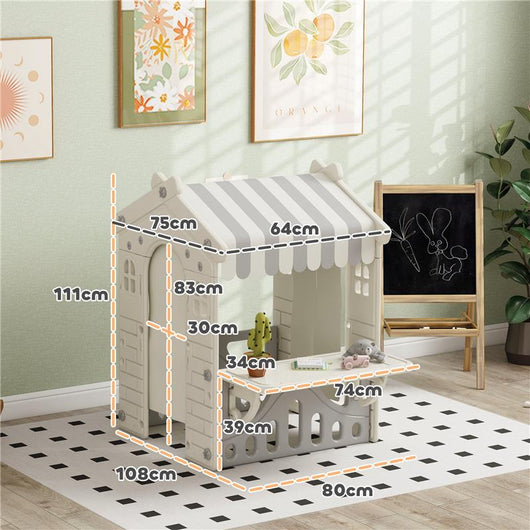 CASETTA PER BAMBINI 1-6 ANNI DA INTERNO CON PORTE FINESTRE E BANCONE DA NEGOZIO 108X80X111 CM CREMA