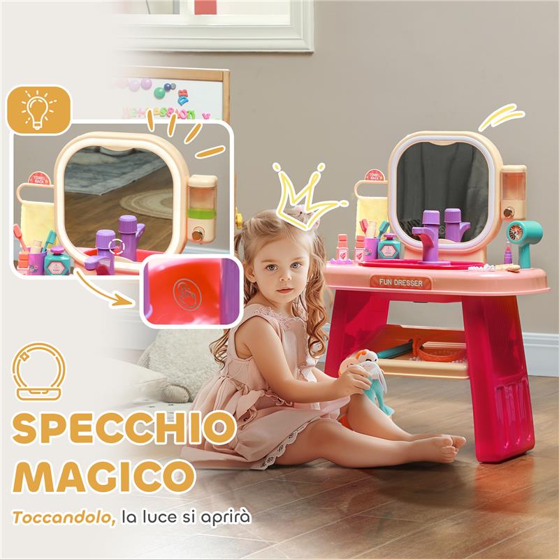 TAVOLO TOELETTA PER BAMBINE 3-6 ANNI CON SPECCHIO IN ACRILICO E RUBINETTO, IN PP E GPPS, 55X29X71 CM, ROSA