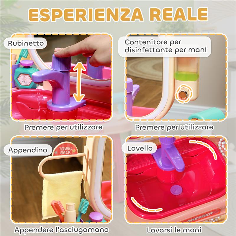 TAVOLO TOELETTA PER BAMBINE 3-6 ANNI CON SPECCHIO IN ACRILICO E RUBINETTO, IN PP E GPPS, 55X29X71 CM, ROSA