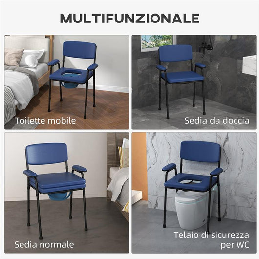 SEDIA COMODA 5 IN 1 PER ANZIANI E DISABILI PER WC E DOCCIA ALTEZZA REGOLABILE E SECCHIO RIMOVIBILE BLU