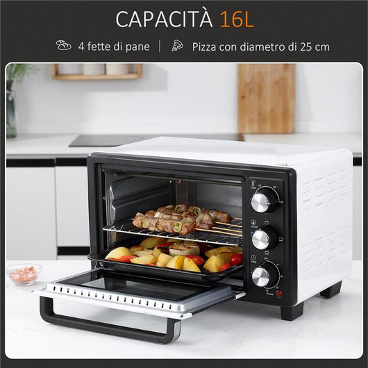 FORNETTO ELETTRICO 16L TEMPERATURA REGOLABILE E TIMER 3 METODI DI COTTURA E ACCESSORI 1400W 44X32X28 CM BIANCO