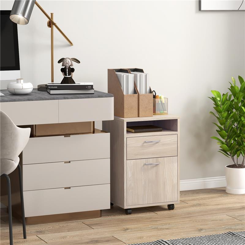 CASSETTIERA DA UFFICIO PORTADOCUMENTI CON RIPIANO APERTO E 2 CASSETTI IN LEGNO E METALLO 40X35X60 CM ROVERE