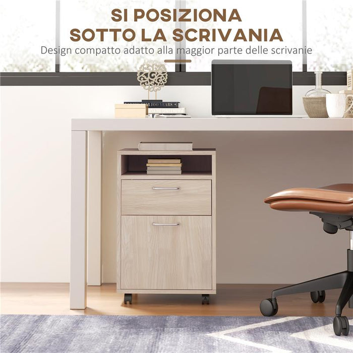 CASSETTIERA DA UFFICIO PORTADOCUMENTI CON RIPIANO APERTO E 2 CASSETTI IN LEGNO E METALLO 40X35X60 CM ROVERE