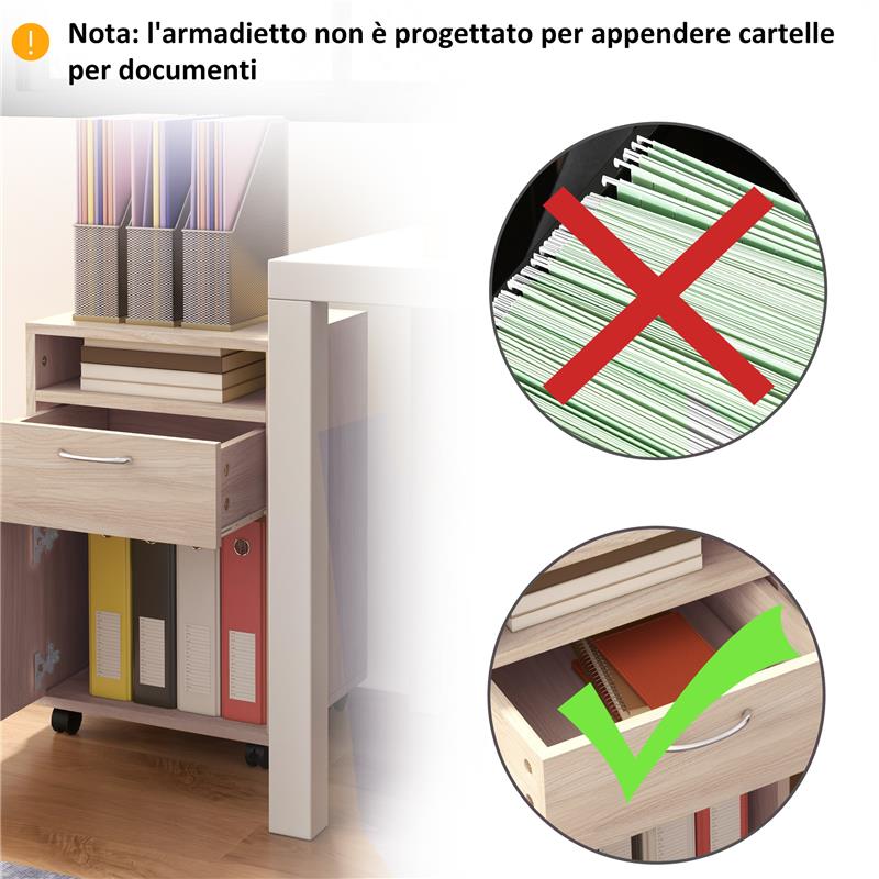 CASSETTIERA DA UFFICIO PORTADOCUMENTI CON RIPIANO APERTO E 2 CASSETTI IN LEGNO E METALLO 40X35X60 CM ROVERE