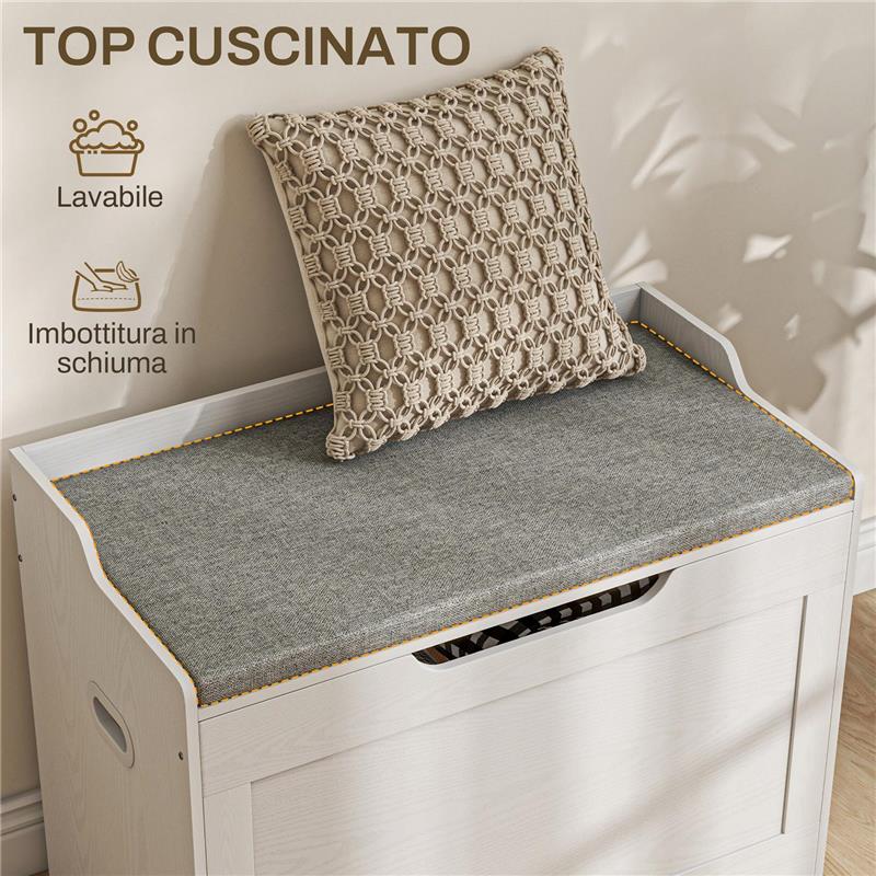 PANCA CONTENITORE DA 103L MULTIFUNZIONE IN LEGNO CON CUSCINO IN TESSUTO 75X40X56 CM BIANCO