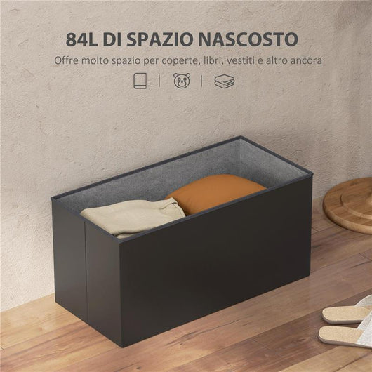 PANCA CONTENITORE PIEGHEVOLE DA 84L COPERCHIO IMBOTTITO E RIVESTIMENTO FINTA PELLE 76X38X38 CM NERO