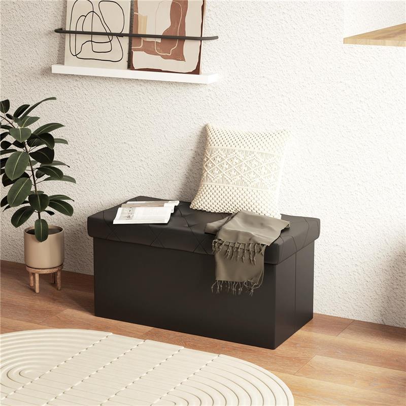 PANCA CONTENITORE PIEGHEVOLE DA 84L COPERCHIO IMBOTTITO E RIVESTIMENTO FINTA PELLE 76X38X38 CM NERO