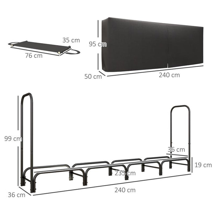 PORTALEGNA DA INTERNO ED ESTERNO IN METALLO CON TELO PORTA LEGNA E COPERTURA 240X36X99 CM NERO