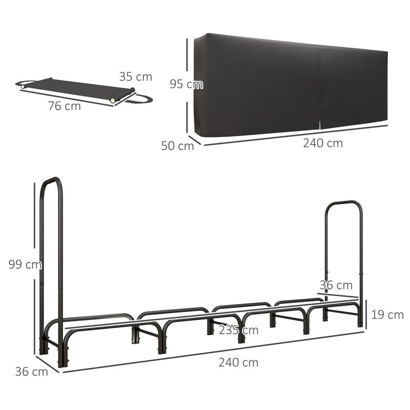 PORTALEGNA DA INTERNO ED ESTERNO IN METALLO CON TELO PORTA LEGNA E COPERTURA 240X36X99 CM NERO