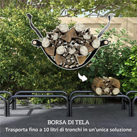 PORTALEGNA DA INTERNO ED ESTERNO IN METALLO CON TELO PORTA LEGNA E COPERTURA 240X36X99 CM NERO