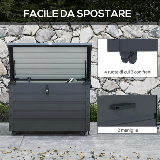 BAULE DA ESTERNO DA 295L CON SERRATURA E 2 MANIGLIE IN ACCIAIO ZINCATO 120X62X66 CM GRIGIO SCURO