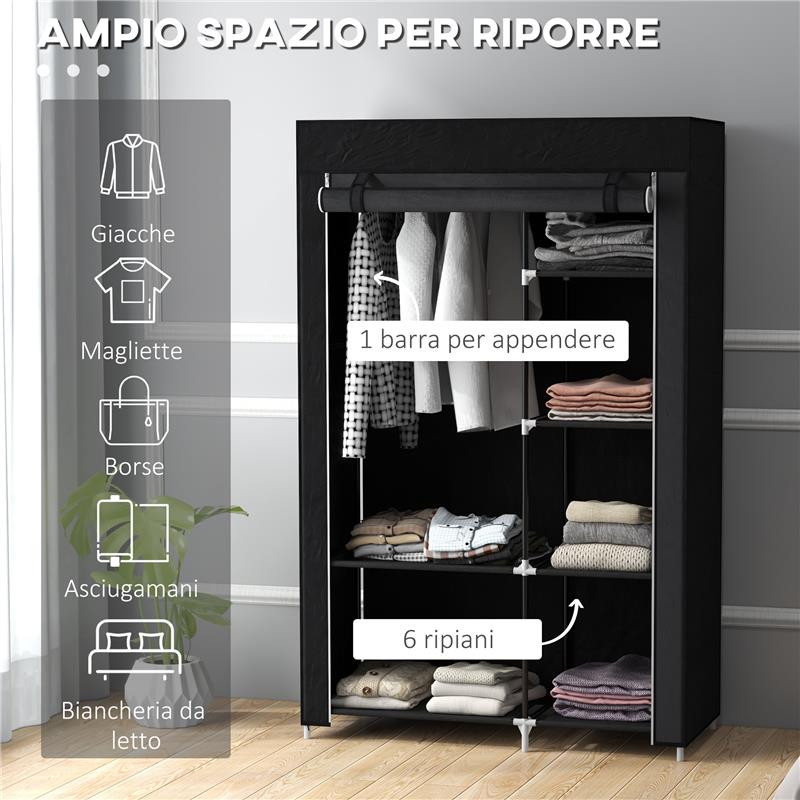ARMADIO GUARDAROBA PORTATILE IN TESSUTO CON 6 RIPIANI APERTI E UN APPENDINO 103X43X162.5 CM NERO