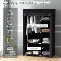 ARMADIO GUARDAROBA PORTATILE IN TESSUTO CON 6 RIPIANI APERTI E UN APPENDINO 103X43X162.5 CM NERO