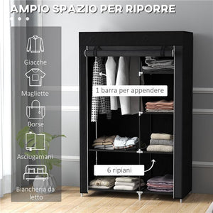 ARMADIO GUARDAROBA PORTATILE IN TESSUTO CON 6 RIPIANI APERTI E UN APPENDINO 103X43X162.5 CM NERO