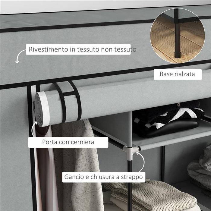 ARMADIO IN TESSUTO E ACCIAIO CON 10 RIPIANI 4 CASSETTI E ANTE A CERNIERA GRIGIO