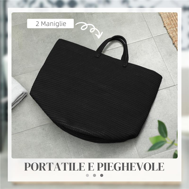 CESTO PORTABIANCHERIA DA 36L PORTATILE E PIEGHEVOLE CON MANICI IN COTONE NATURALE 38X45 CM NERO