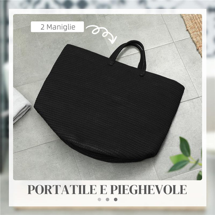 CESTO PORTABIANCHERIA DA 36L PORTATILE E PIEGHEVOLE CON MANICI IN COTONE NATURALE 38X45 CM NERO