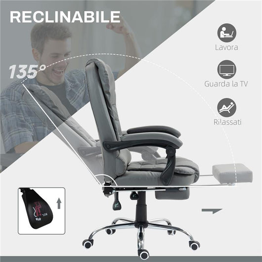SEDIA DA UFFICIO ERGONOMICA RECLINABILE A 145° CON POGGIAPIEDI ESTRAIBILE IN FINTA PELLE GRIGIO