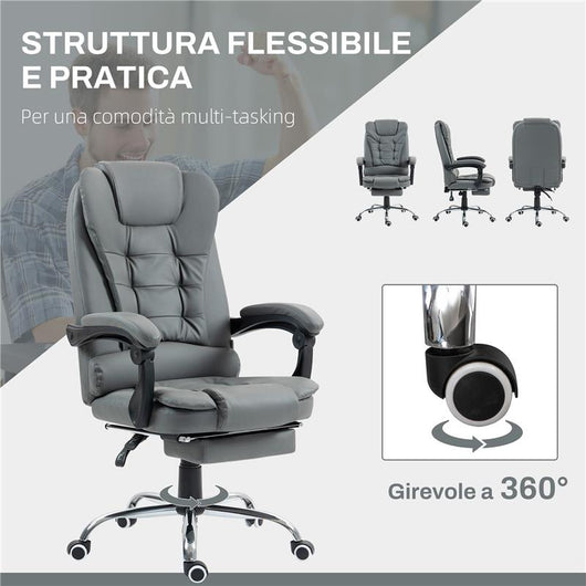 SEDIA DA UFFICIO ERGONOMICA RECLINABILE A 145° CON POGGIAPIEDI ESTRAIBILE IN FINTA PELLE GRIGIO