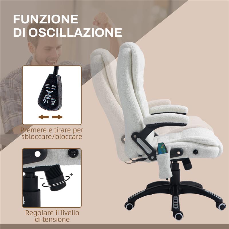 SEDIA DA UFFICIO MASSAGGIANTE E REGOLABILE CON TELECOMANDO IN TESSUTO TEDDY 67X74X107-116 CM BIANCO