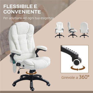 SEDIA DA UFFICIO MASSAGGIANTE E REGOLABILE CON TELECOMANDO IN TESSUTO TEDDY 67X74X107-116 CM BIANCO