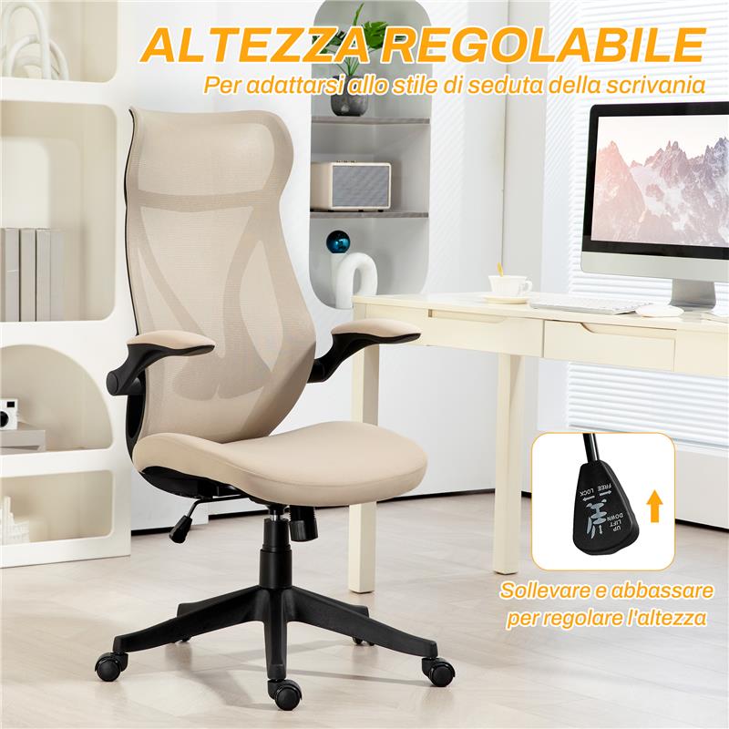 SEDIA DA UFFICIO CON BRACCIOLI RIBALTABILI ALTEZZA REGOLABILE E SCHIENALE INCLINABILE BEIGE