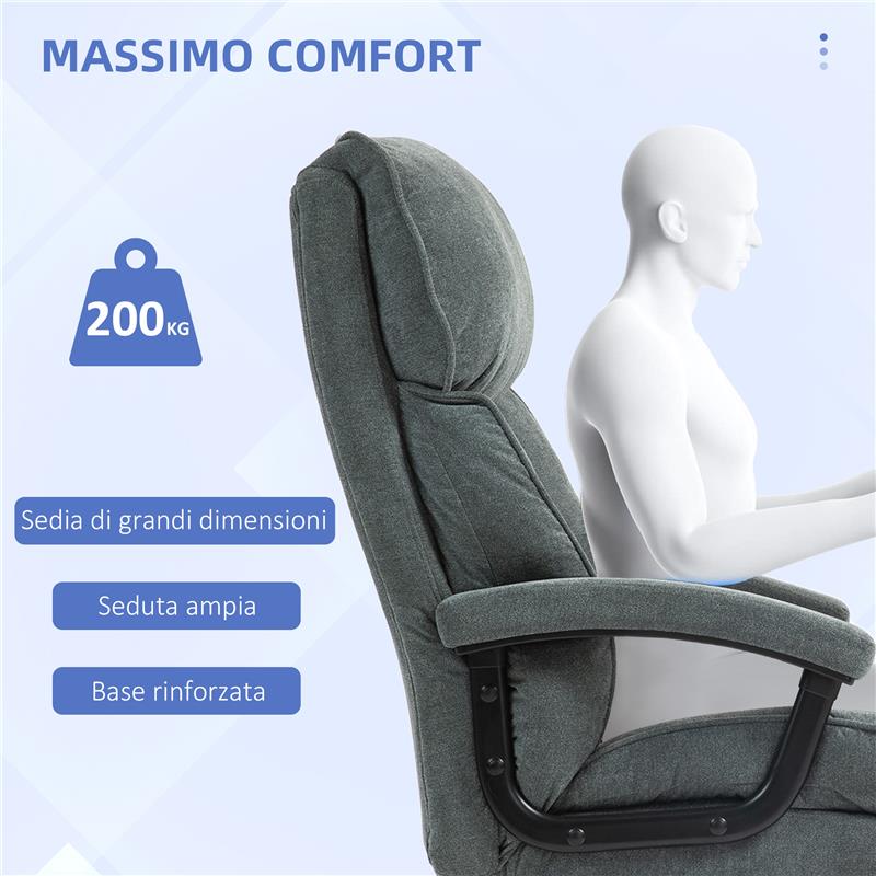SEDIA DA UFFICIO RINFORZATA CAPACITÀ 200KG GIREVOLE E INCLINABILE IN TESSUTO VELLUTATO GRIGIO