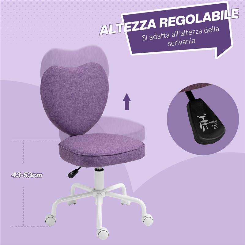 SEDIA PER SCRIVANIA A CUORE CON 5 ROTELLE E ALTEZZA REGOLABILE IN TESSUTO 40X50X79-89 CM VIOLA