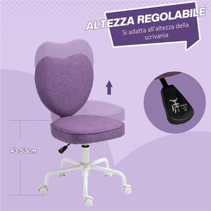 SEDIA PER SCRIVANIA A CUORE CON 5 ROTELLE E ALTEZZA REGOLABILE IN TESSUTO 40X50X79-89 CM VIOLA