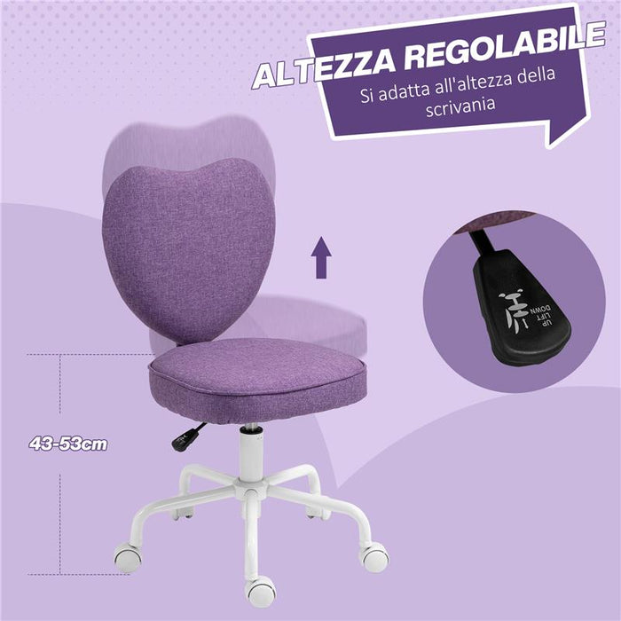 SEDIA PER SCRIVANIA A CUORE CON 5 ROTELLE E ALTEZZA REGOLABILE IN TESSUTO 40X50X79-89 CM VIOLA
