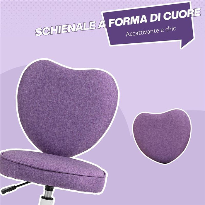SEDIA PER SCRIVANIA A CUORE CON 5 ROTELLE E ALTEZZA REGOLABILE IN TESSUTO 40X50X79-89 CM VIOLA