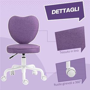 SEDIA PER SCRIVANIA A CUORE CON 5 ROTELLE E ALTEZZA REGOLABILE IN TESSUTO 40X50X79-89 CM VIOLA