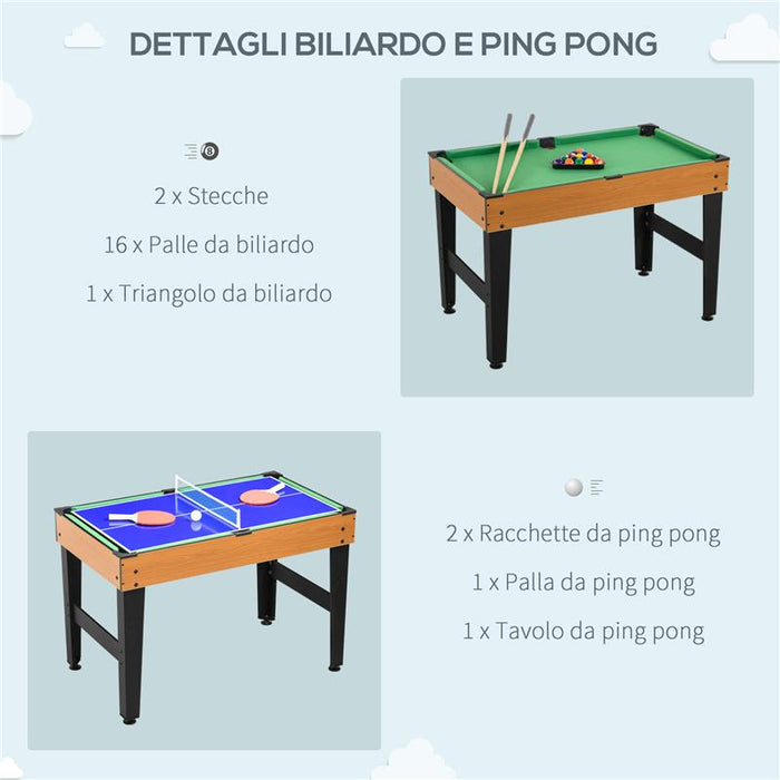 TAVOLO MULTIGIOCO 4 IN 1 CON CALCIO BALILLA, BILIARDO, PING PONG E HOCKEY DA TAVOLO, 107X61X84.5CM