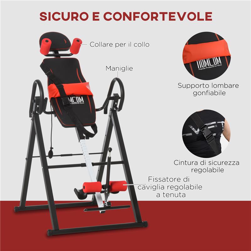 PANCA A INVERSIONE CON ANGOLO E ALTEZZA REGOLABILE E POGGIATESTA IN ACCIAIO E PLASTICA 79X114X153 CM ROSSO E NERO