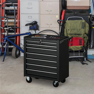 CARRELLO DA OFFICINA CON 7 CASSETTI SERRATURA CON CHIAVI RUOTE E MANIGLIA 69X33X75 CM NERO