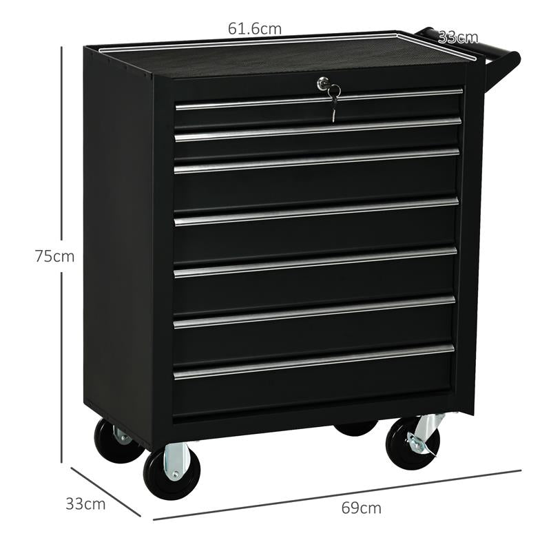 CARRELLO DA OFFICINA CON 7 CASSETTI SERRATURA CON CHIAVI RUOTE E MANIGLIA 69X33X75 CM NERO