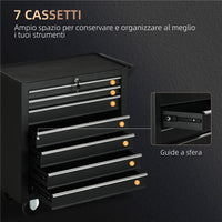CARRELLO DA OFFICINA CON 7 CASSETTI SERRATURA CON CHIAVI RUOTE E MANIGLIA 69X33X75 CM NERO