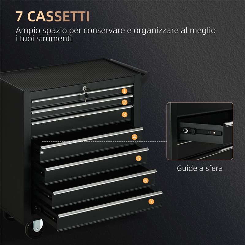 CARRELLO DA OFFICINA CON 7 CASSETTI SERRATURA CON CHIAVI RUOTE E MANIGLIA 69X33X75 CM NERO