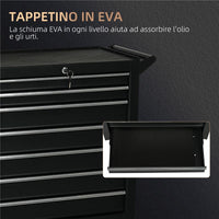 CARRELLO DA OFFICINA CON 7 CASSETTI SERRATURA CON CHIAVI RUOTE E MANIGLIA 69X33X75 CM NERO
