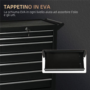 CARRELLO DA OFFICINA CON 7 CASSETTI SERRATURA CON CHIAVI RUOTE E MANIGLIA 69X33X75 CM NERO