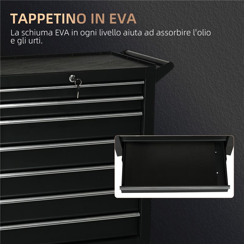 CARRELLO DA OFFICINA CON 7 CASSETTI SERRATURA CON CHIAVI RUOTE E MANIGLIA 69X33X75 CM NERO