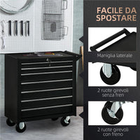 CARRELLO DA OFFICINA CON 7 CASSETTI SERRATURA CON CHIAVI RUOTE E MANIGLIA 69X33X75 CM NERO