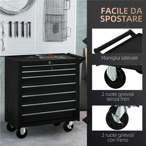 CARRELLO DA OFFICINA CON 7 CASSETTI SERRATURA CON CHIAVI RUOTE E MANIGLIA 69X33X75 CM NERO