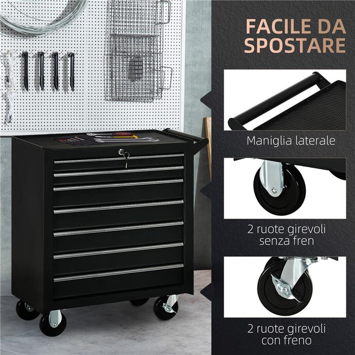 CARRELLO DA OFFICINA CON 7 CASSETTI SERRATURA CON CHIAVI RUOTE E MANIGLIA 69X33X75 CM NERO