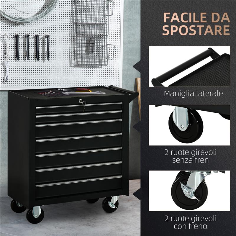 CARRELLO DA OFFICINA CON 7 CASSETTI SERRATURA CON CHIAVI RUOTE E MANIGLIA 69X33X75 CM NERO