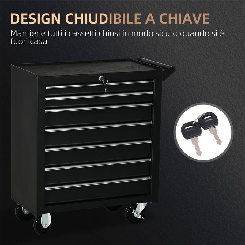 CARRELLO DA OFFICINA CON 7 CASSETTI SERRATURA CON CHIAVI RUOTE E MANIGLIA 69X33X75 CM NERO