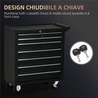 CARRELLO DA OFFICINA CON 7 CASSETTI SERRATURA CON CHIAVI RUOTE E MANIGLIA 69X33X75 CM NERO