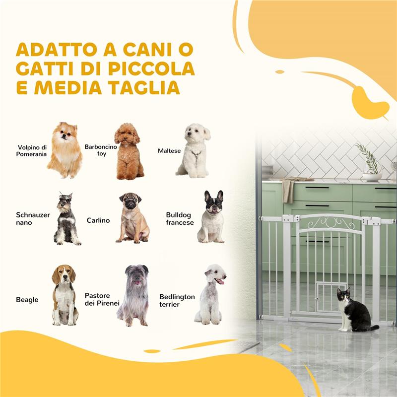 CANCELLINO PER CANI REGOLABILE CON ESTENSIONI PORTA PER GATTI E APERTURA A UNA MANO 76-104X77CM BIANCO