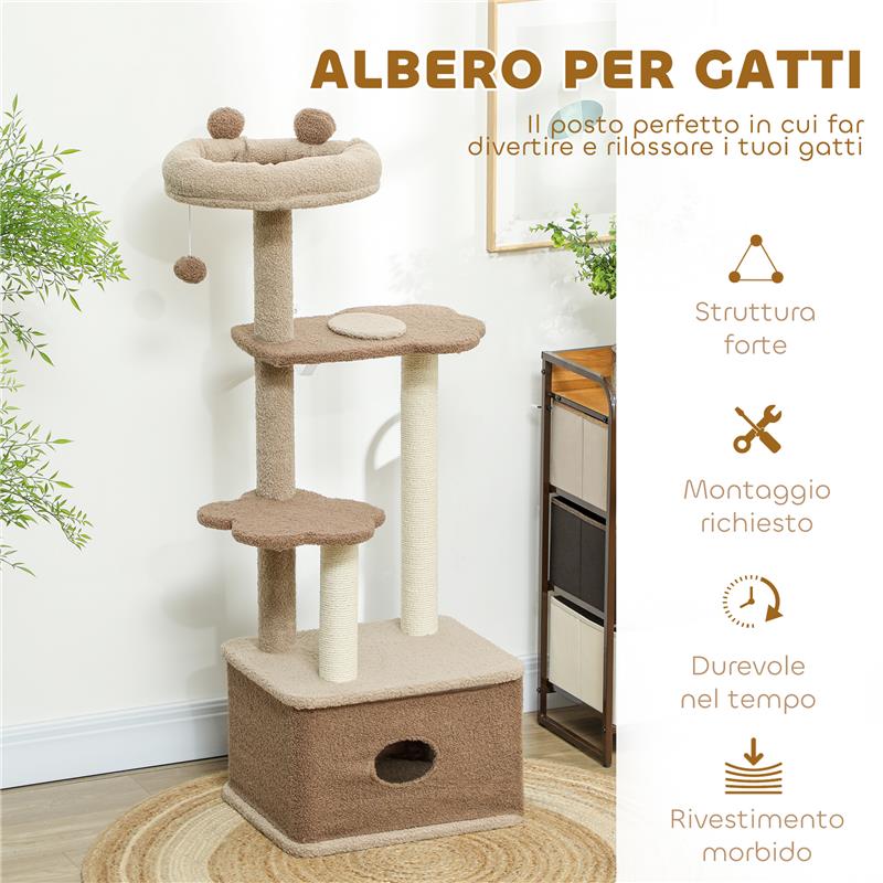 ALBERO TIRAGRAFFI PER GATTI CON LETTINO CASETTA E PIATTAFORME IN LEGNO E CASHMERE 48X40X133 CM MARRONE