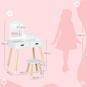 SET TOELETTA PER BAMBINI CON TAVOLO TRUCCO E SGABELLO SPECCHIO E 2 CASSETTI BIANCO E COLORE LEGNO